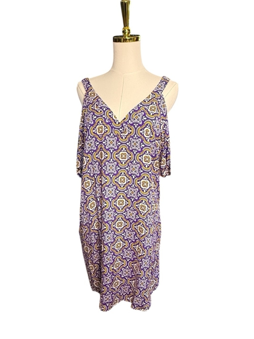 All For Color LSU Gameday Purple Patterned Cold-Shoulder Midi Dress Size M